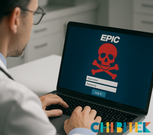 Healthcare professional using laptop with EPIC login screen showing red skull and crossbones, indicating a cyber breach.